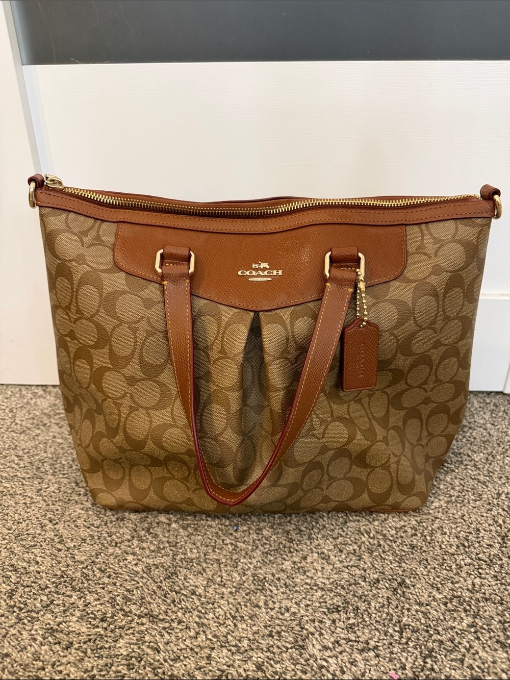 Authentic Coach Brown Monogram Canvas Tote with Tan Leather Trim